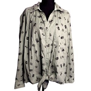 Style & Co Womens Sage Green Camera Graphic Button Down Top 2X Tie Front Cotton
